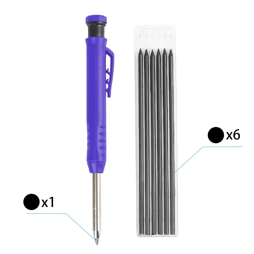 A set of six black pencils with metal tips stored in a clear plastic container and a single pencil with a purple body.