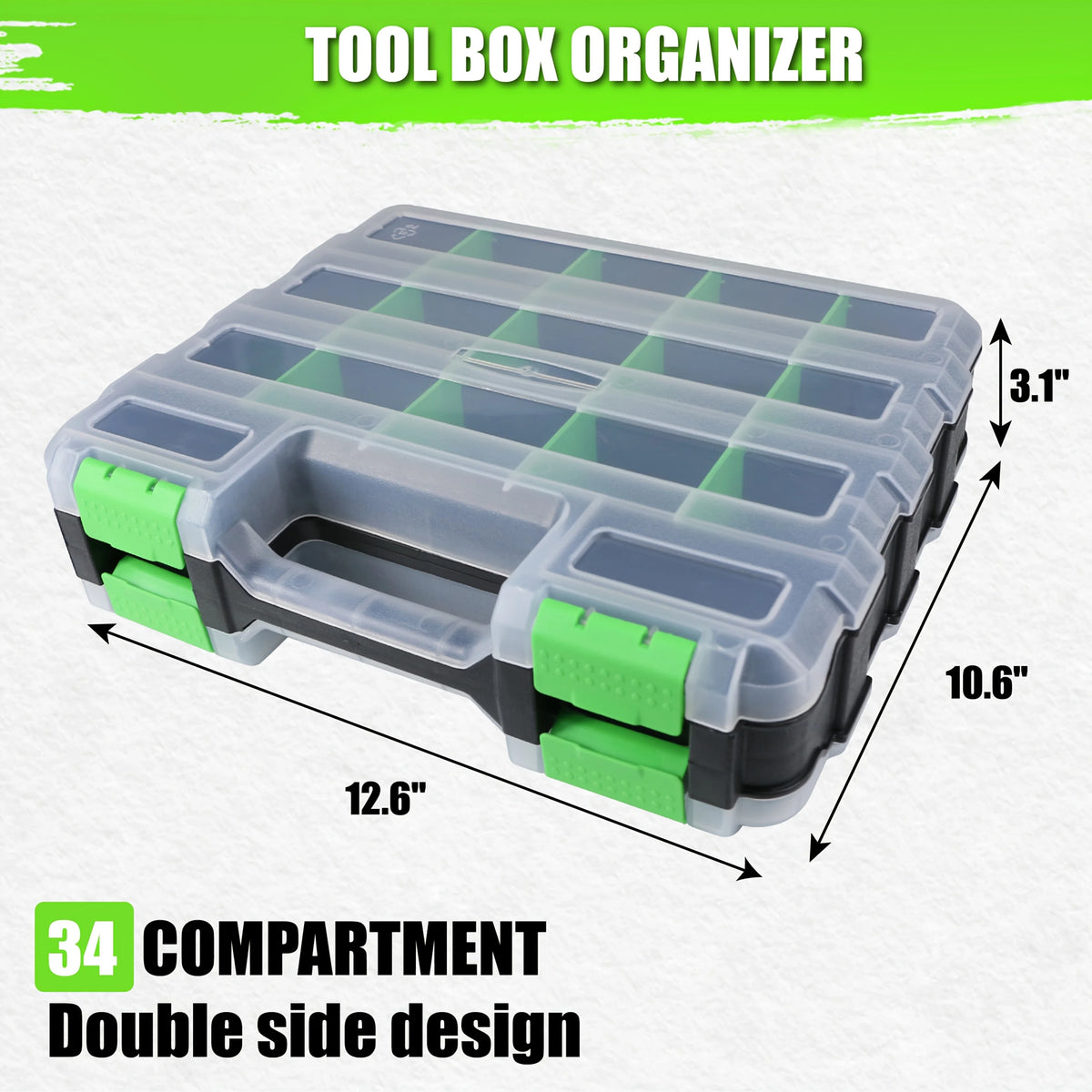 Organizador de caja de plástico transparente con 34 compartimentos y diseño doble cara, vista desde arriba.