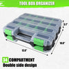 Organizador de caja de plástico transparente con 34 compartimentos y diseño doble cara, vista de arriba.