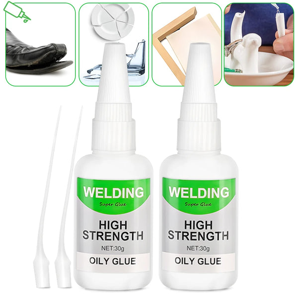 Two bottles of Welding Super Glue high strength oily glue with applicator tips and usage examples