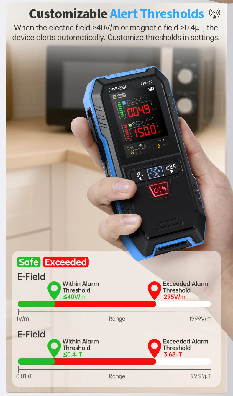 A hand holds a blue and black multi-function environmental detector displaying an alert threshold screen.