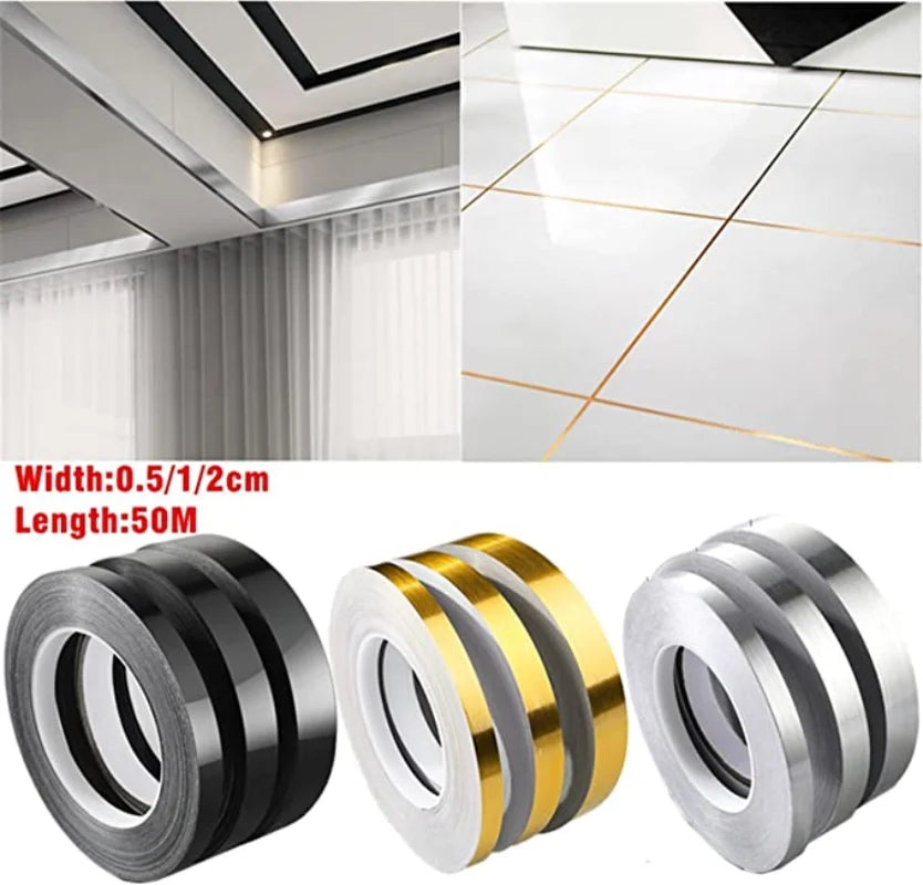 Rolls of self-adhesive decorative tile gap tape in black, gold, and silver finishes for tiling projects