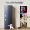 A silver refrigerator with a safety lock installed, emphasizing keeping little hands out of the fridge.