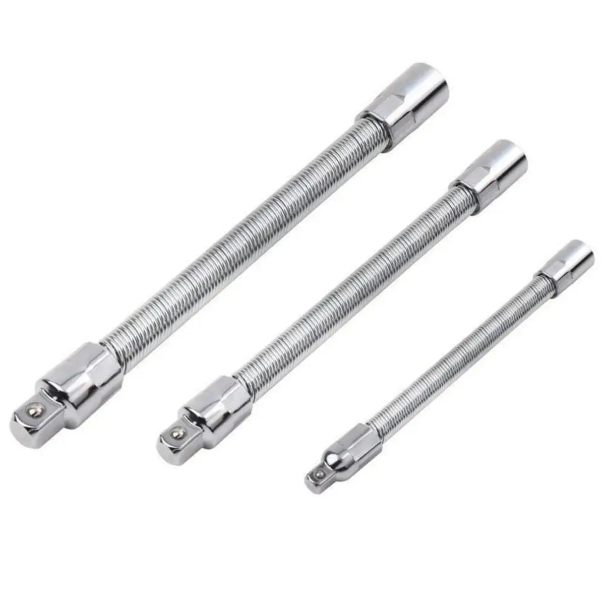 A set of three chrome flexible shaft drive socket extension bars.