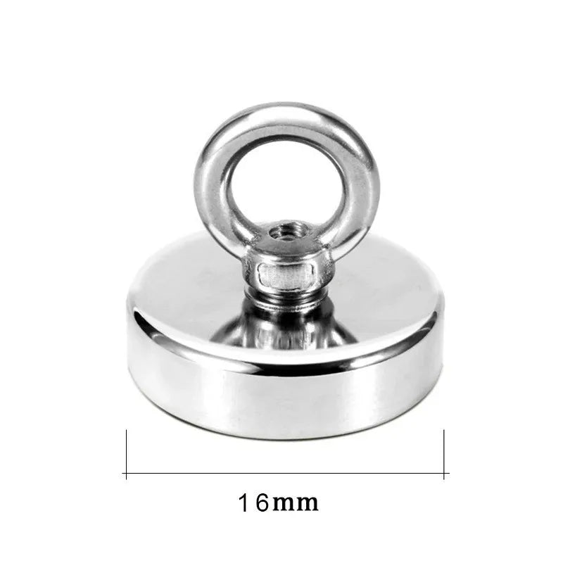 A round, silver fishing magnet with a loop and a flat base.