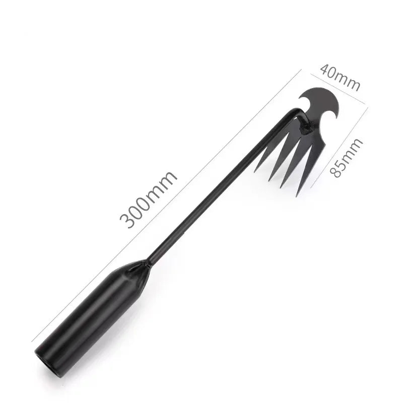 A black multifunctional hand weeder tool with a long handle and a cluster of prongs for gardening.