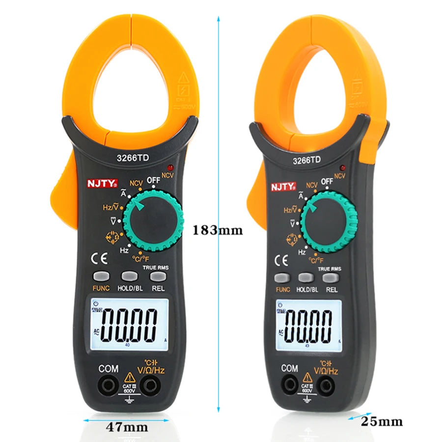Medidor digital negro con mango naranja y pantalla que muestra 0.00 OHM de resistencia.