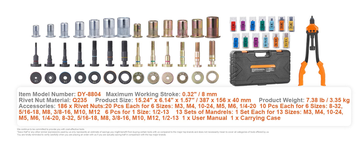 A collection of heavy-duty rivet nut tools and accessories for metalwork, including various sizes and materials.