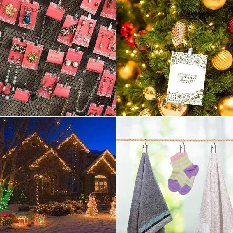 Pink stainless steel curtain clips decorating a Christmas tree with ornaments and greenery.