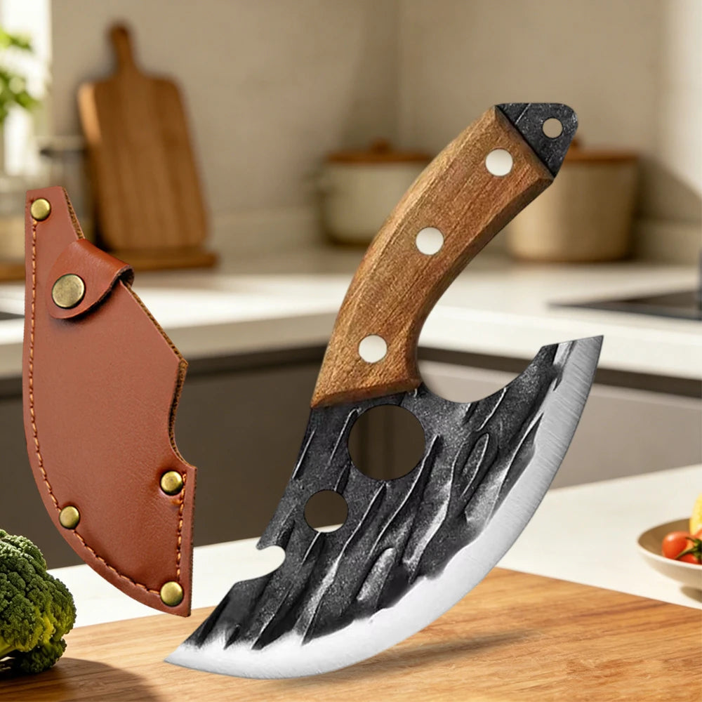 A forged stainless steel boning knife with a wooden handle and bottle opener resting on a wooden cutting board.