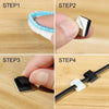 Four steps showing how to use self-adhesive cable clips for cord organization