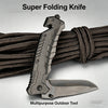 A silver super folding knife is shown attached to a dark cord, positioned next to its blade.