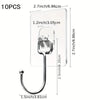 A set of 10 heavy duty adhesive hooks for towels and linens, shown with dimensions.