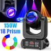 A black professional DMX moving head light with a lens and prism is shown next to a color wheel.