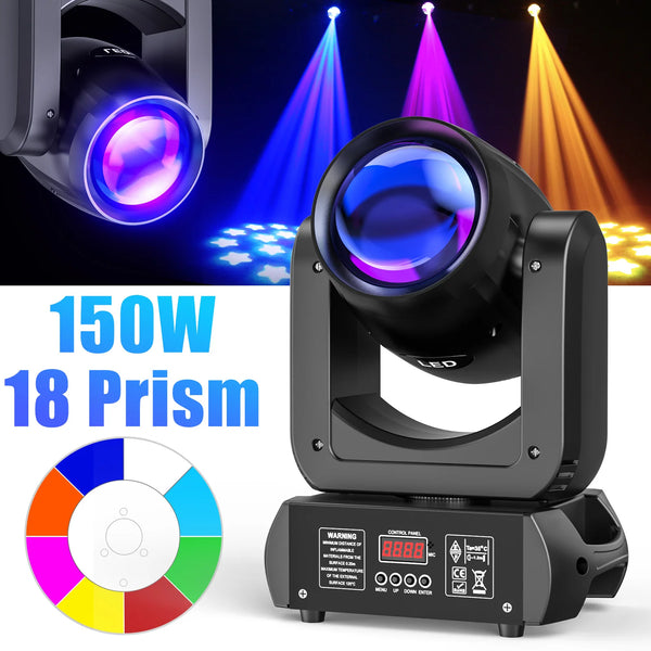 A black professional DMX moving head light with a lens and prism is shown next to a color wheel.