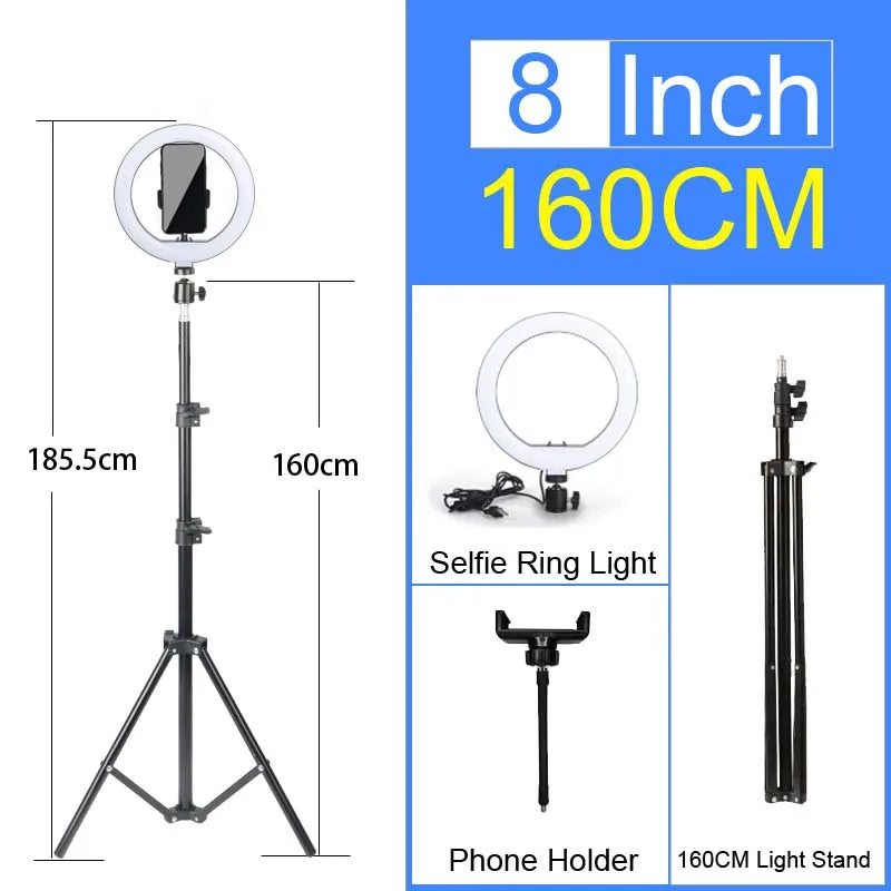 Anillo de luz para selfies multifunción profesional con trípode ajustable.