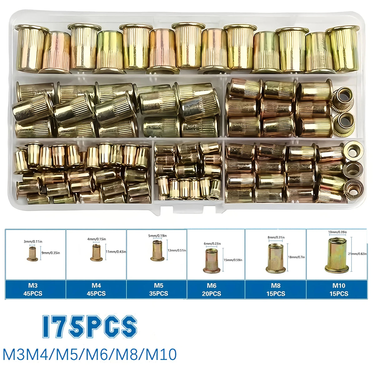 A plastic tray containing various precision rivet nuts and threaded rivets in different sizes and finishes.