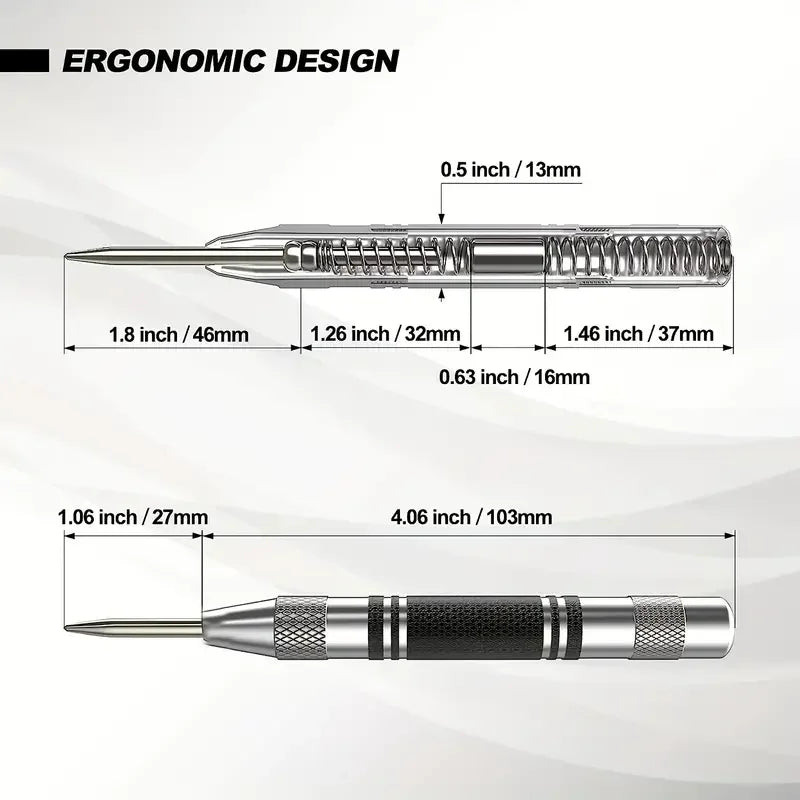 A heavy duty automatic center punch tool shown with various dimensions and features.