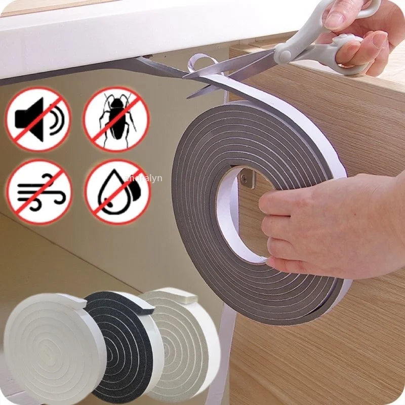 A hand is applying self-adhesive foam weather stripping tape to a wooden door frame, with various types of tape visible.