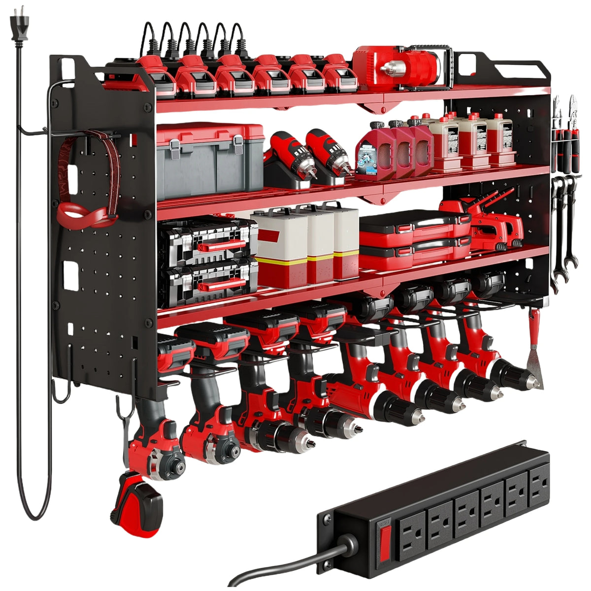 A black power tool organizer rack with multiple red and black tools and a charging station module.