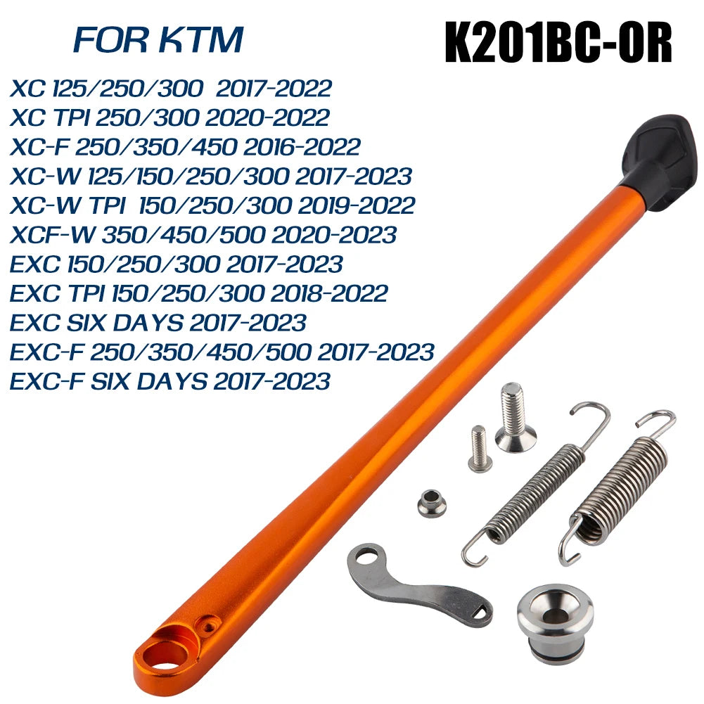 Orange motorcycle side stand kickstand kit for KTM motorcycles with various model compatibility options