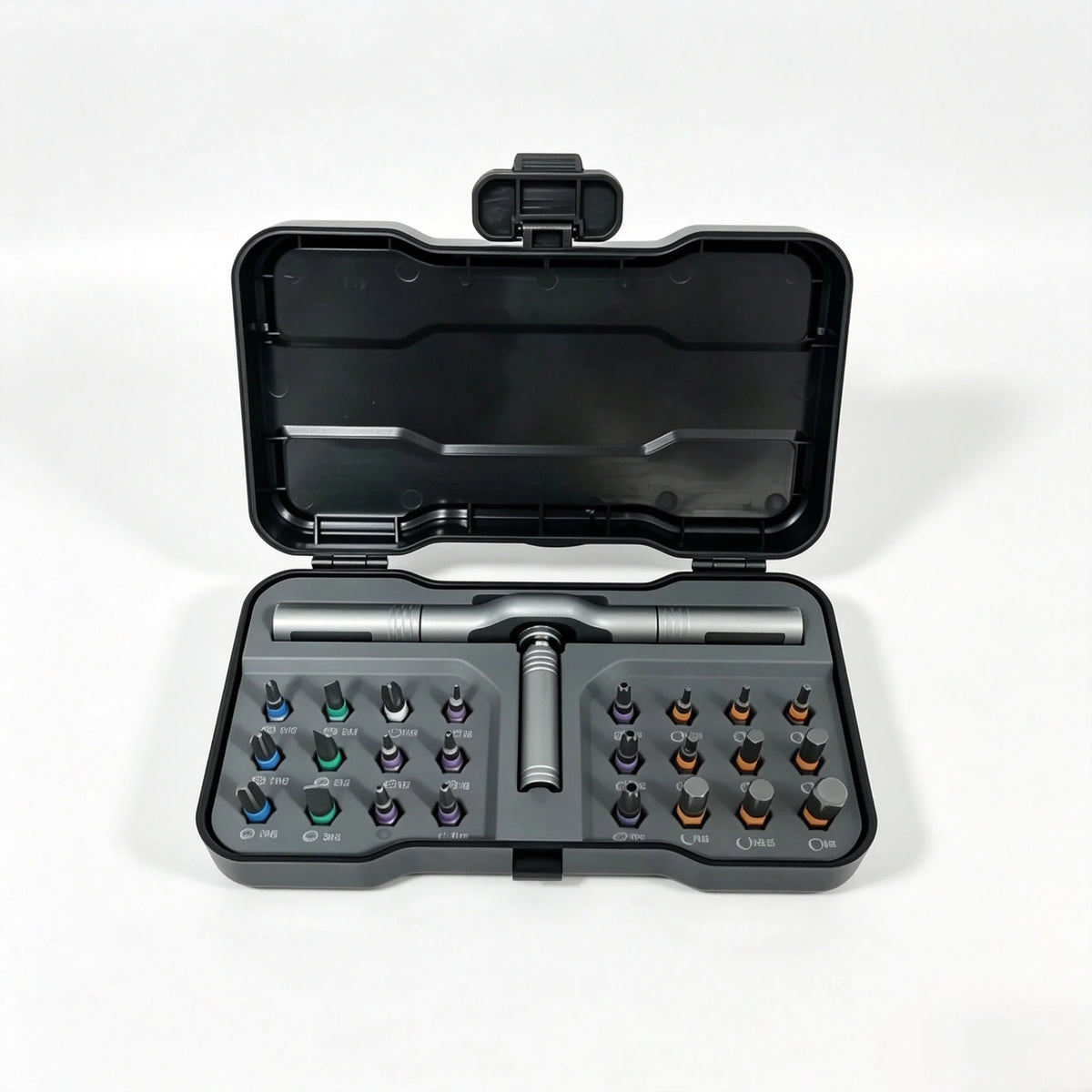 A black 24-in-1 multifunction ratchet screwdriver set with various bits and drivers displayed in an open case.