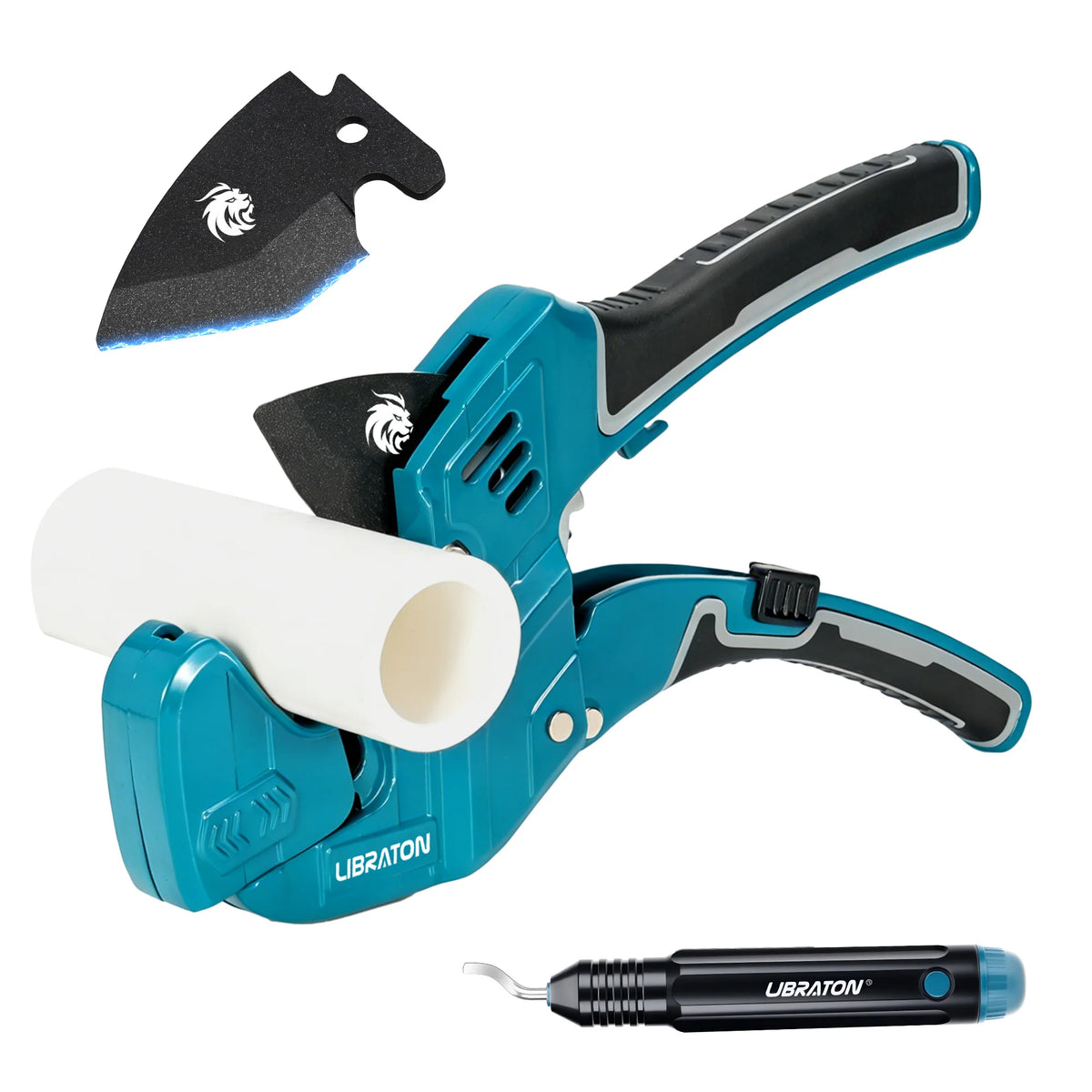 A blue and black heavy-duty PVC pipe cutter and deburring tool with a white handle and a separate metal cutter.
