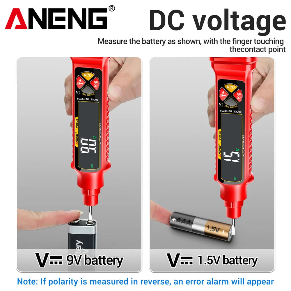 A red multi-function AC/DC voltage tester is shown measuring a 9V battery and a 1.5V battery.