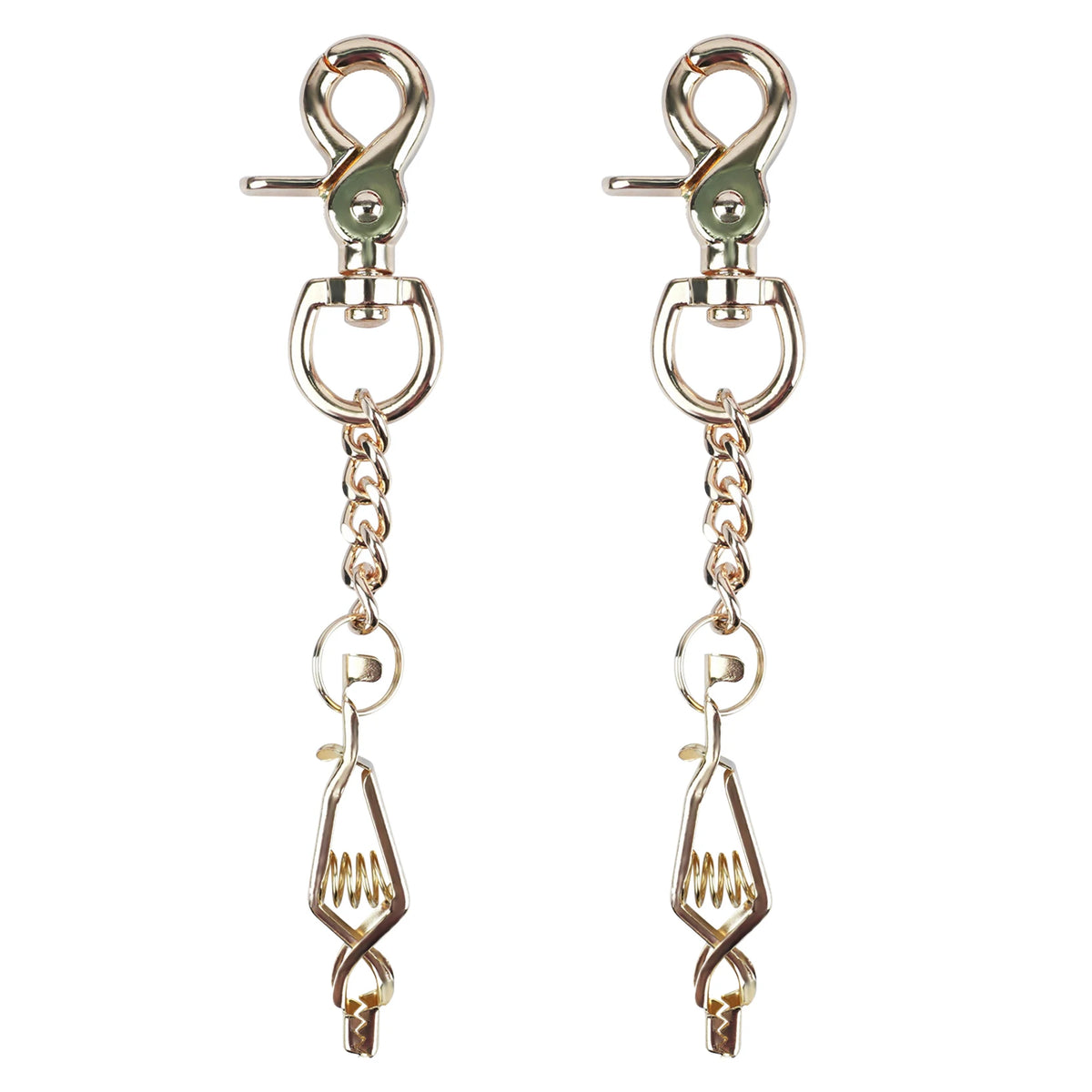 A pair of heavy duty metal glove clips with split rings and chain attachments.