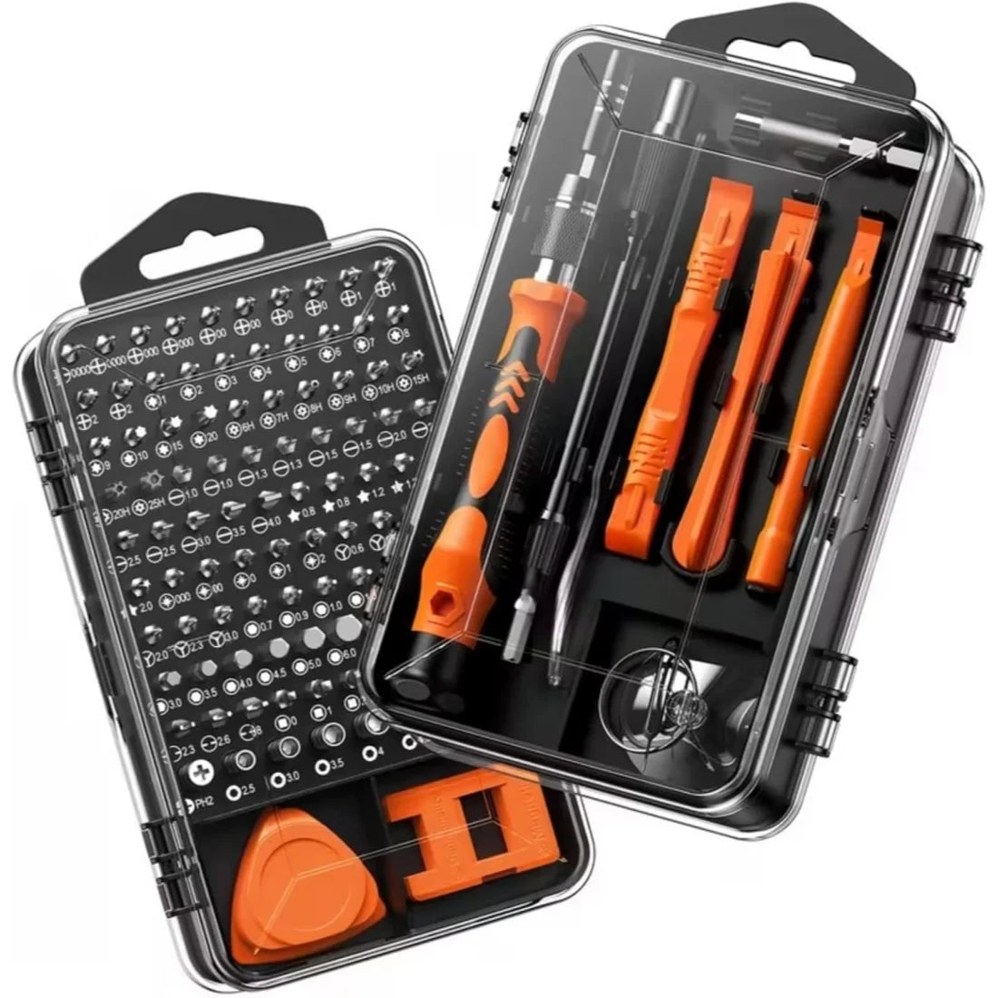 A black case containing an 11-in-1 precision screwdriver set with multi-angle tools and various orange tips.