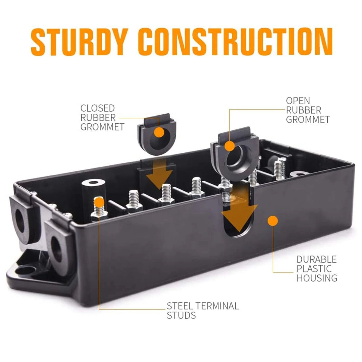 Black sturdy construction distribution block with steel terminal studs and rubber grommets for power connectors