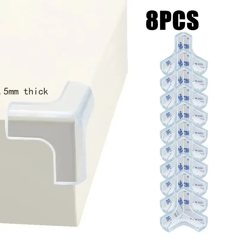 Eight pieces of transparent PVC baby safety edge guards stacked vertically.