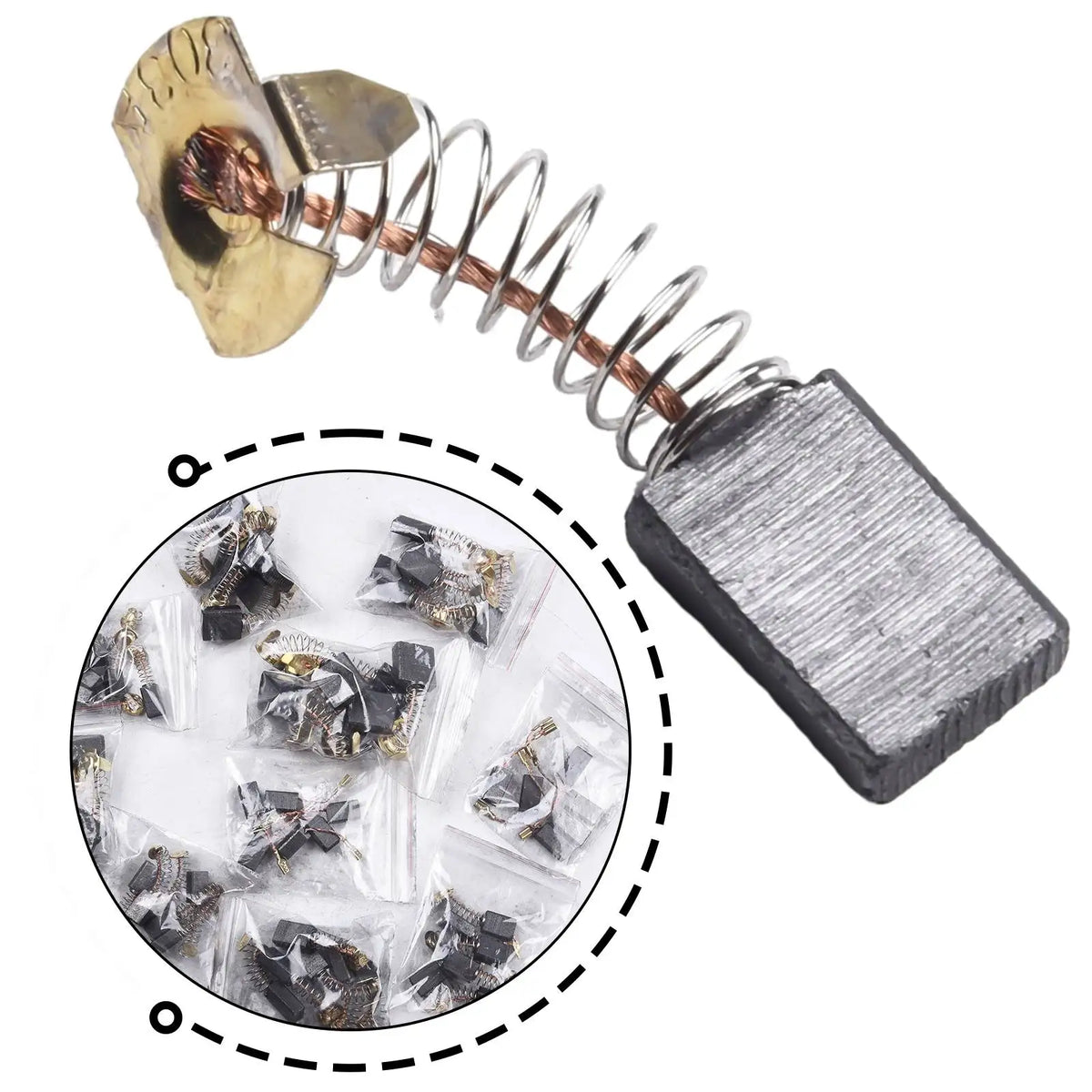 A carbon brush set for power tools showing a spring-loaded brush and loose carbon brush pieces.