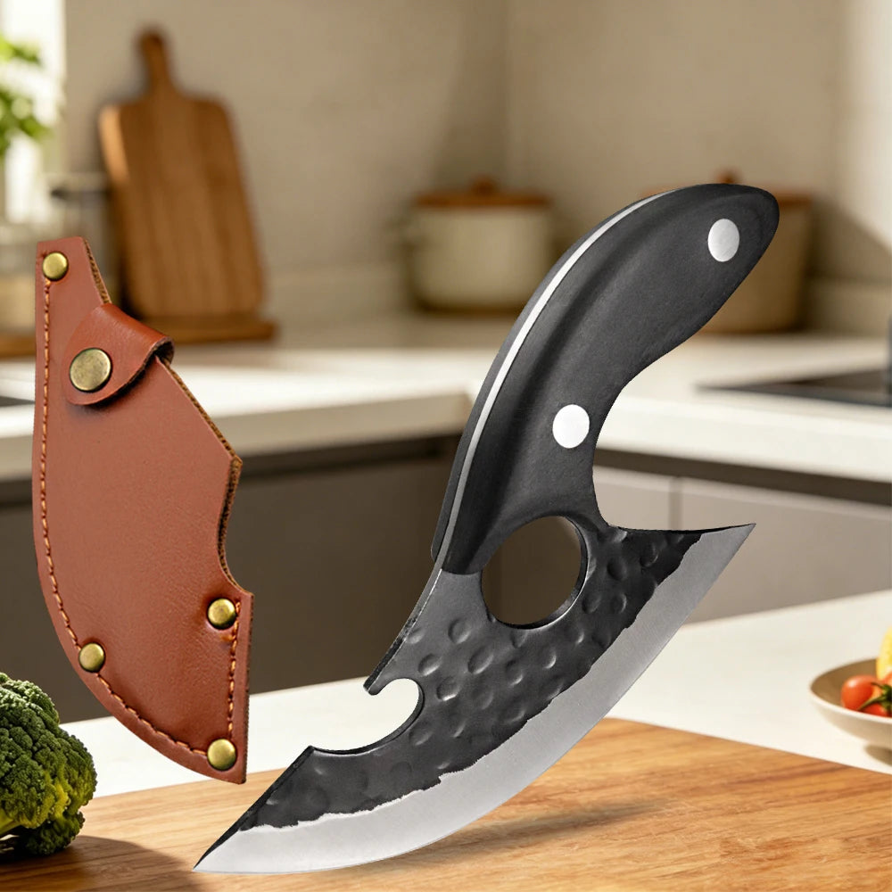 A forged stainless steel boning knife with a dark blade and brown handle is shown on a wooden cutting board.