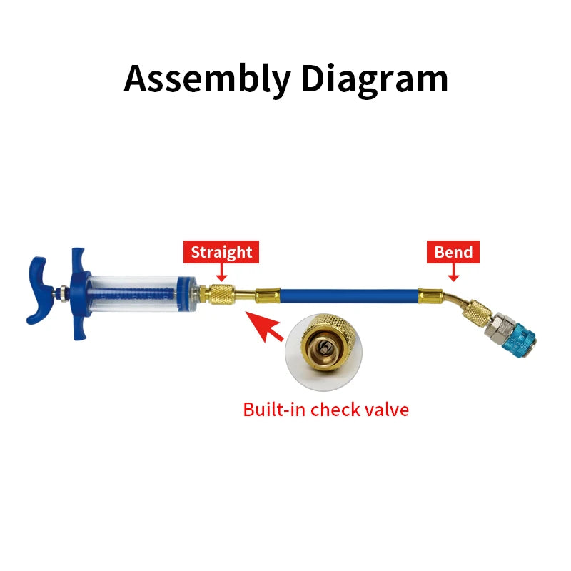 Assembly diagram showing a straight and bend precision oil and dye injector kit with a built-in check valve