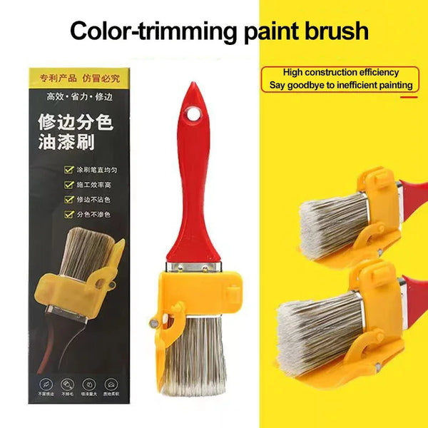 A red color-trimming paint brush is shown next to a yellow brush, used for fine lines and trimming.