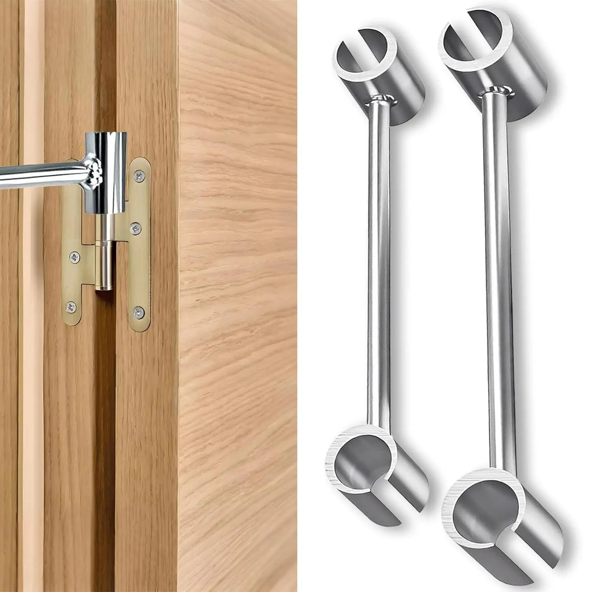 Two chrome adjustable door hinge wrenches with long rods shown next to a wooden door panel.