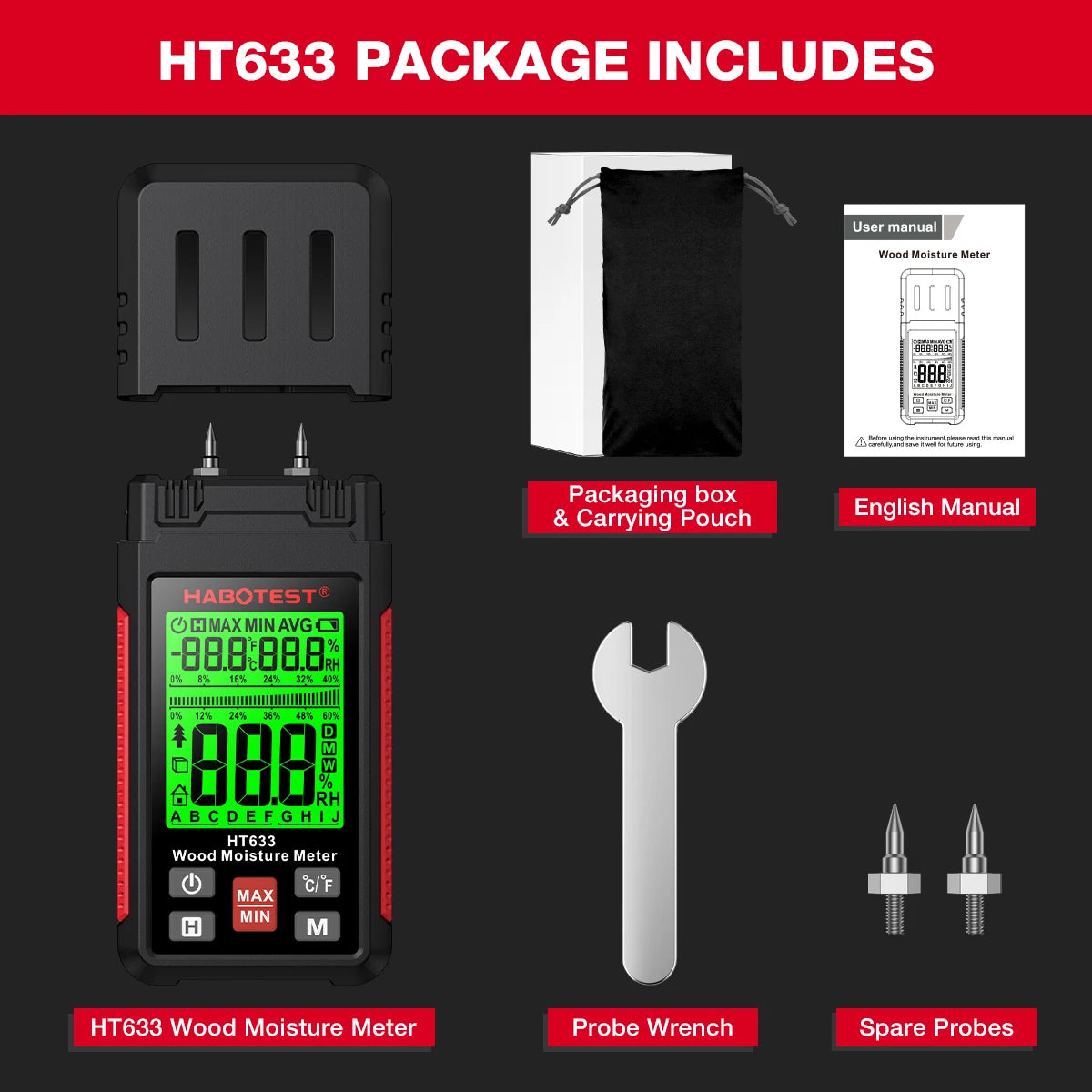 Kit of HT633 wood moisture meter including the device, packaging box, carrying pouch, English manual, probe wrench, and spare