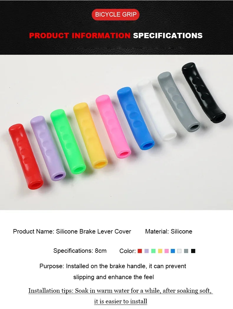 A collection of colorful silicone brake lever covers in various shades including red, purple, green, yellow, pink, blue, and 