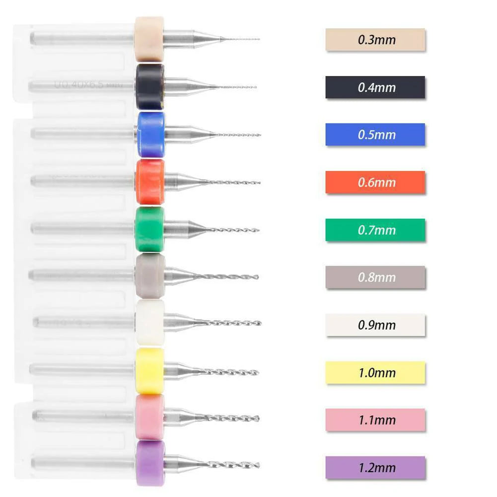 A set of precision micro drill bits with adjustable vise, showing various sizes from 0.3mm to 1.2mm.