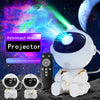 A white astronaut projector night light with a nebula design and a small figure on a dark surface.
