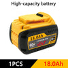Yellow and black high-capacity lithium-ion battery labeled 18.0Ah for DeWalt power tools
