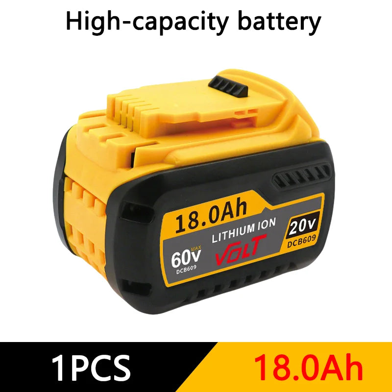 Yellow and black high-capacity lithium-ion battery labeled 18.0Ah for DeWalt power tools