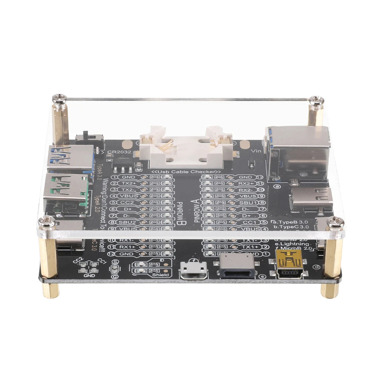 A circuit board with connectors and diagnostic tools, including a USB cable checker.