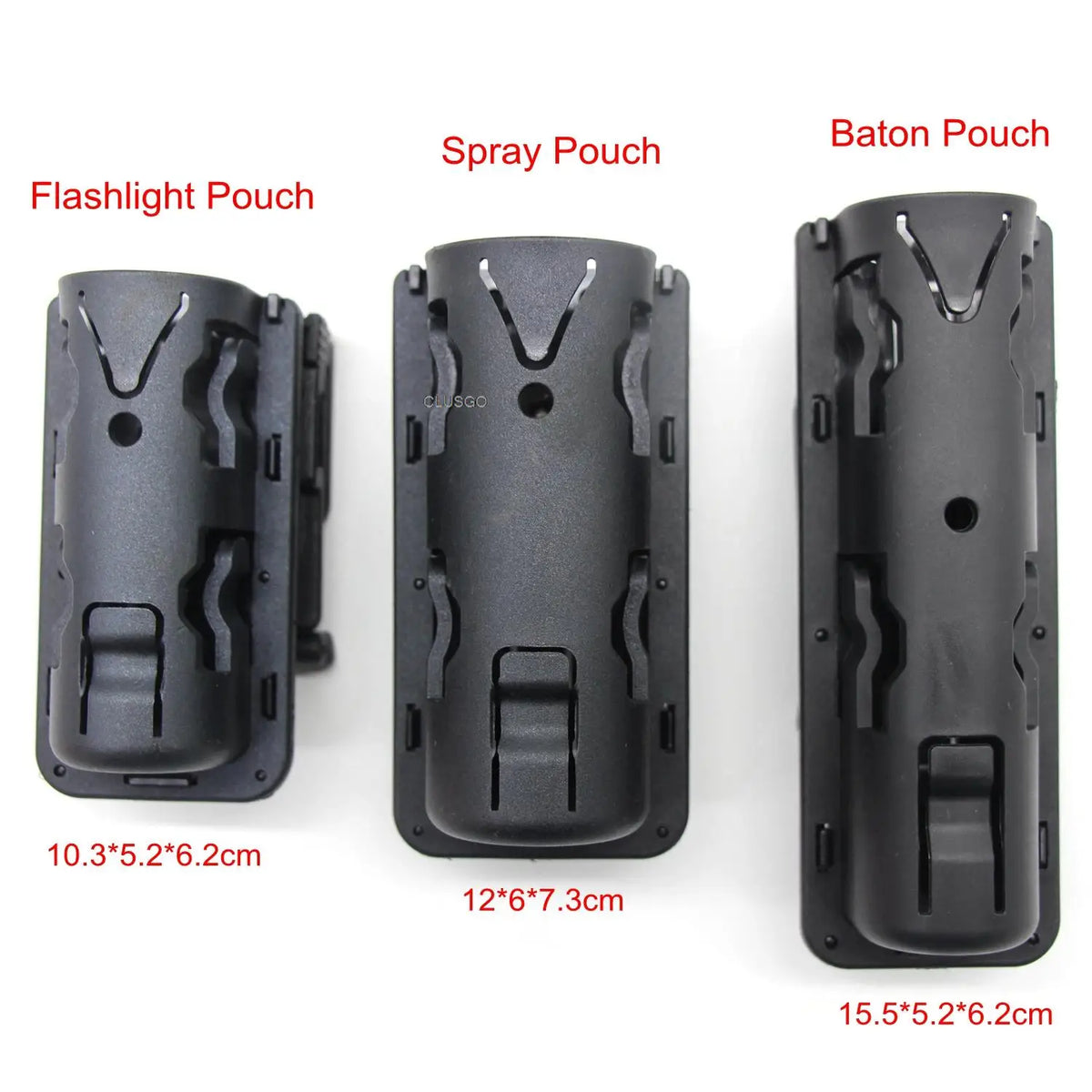Three tactical pouches for flashlights and baton including a flashlight pouch, spray pouch, and baton pouch.