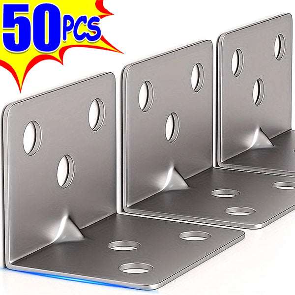 A set of 50 stainless steel 90 degree corner brackets with multiple mounting holes.