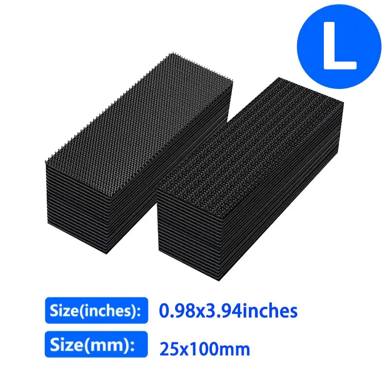 A stack of black double-sided hook and loop carpet fixing tape with dimensions 0.98x3.94 inches or 25x100mm.