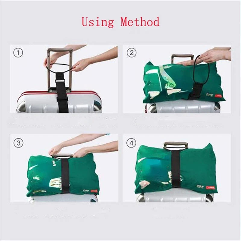 Four steps showing how to use an adjustable luggage strap carrier belt for transporting luggage.