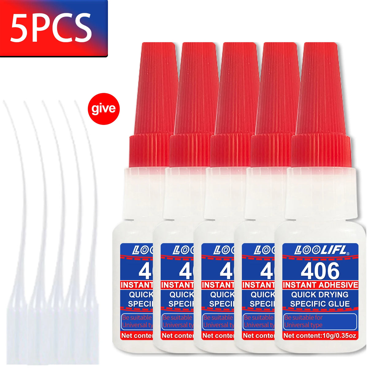 Cinq tubes de colle super instant dans un emballage rouge et blanc