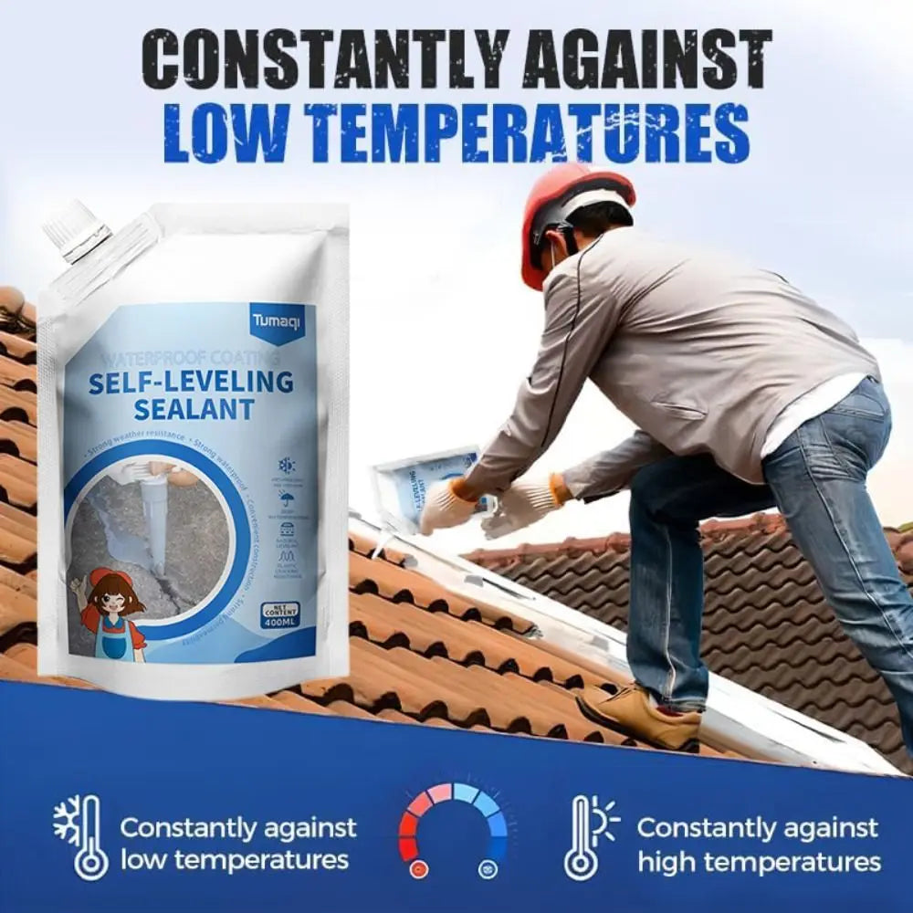 A person applies self-leveling sealant to a roof, demonstrating protection against low temperatures.